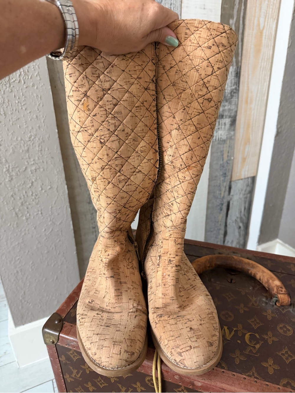 Quilted Cork Over-the-Knee Boots - Tan